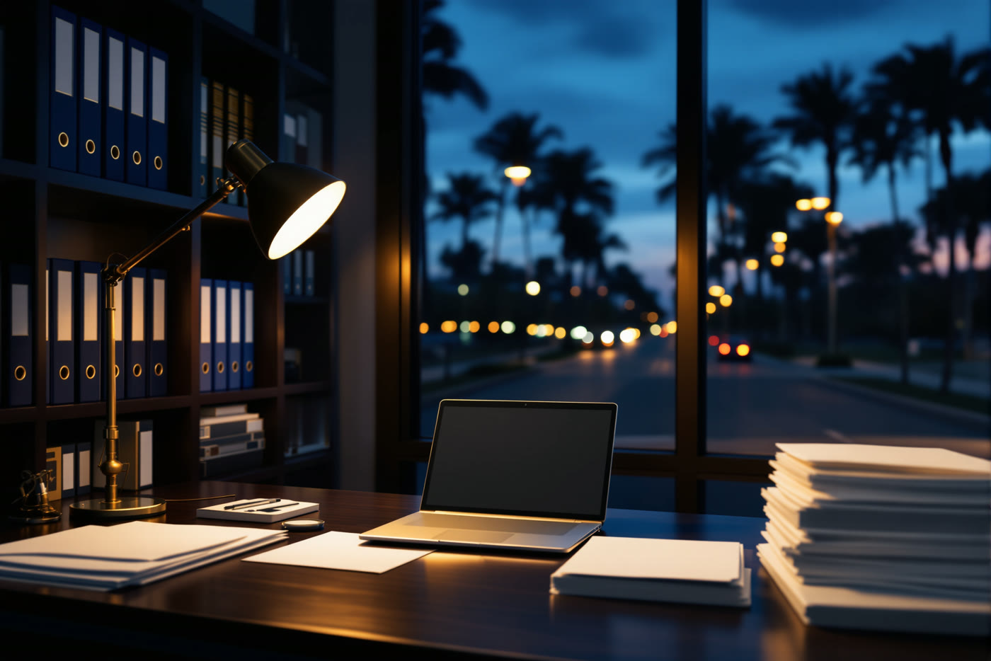 A small business office at dusk with neat binders, a laptop and a brass desk lamp