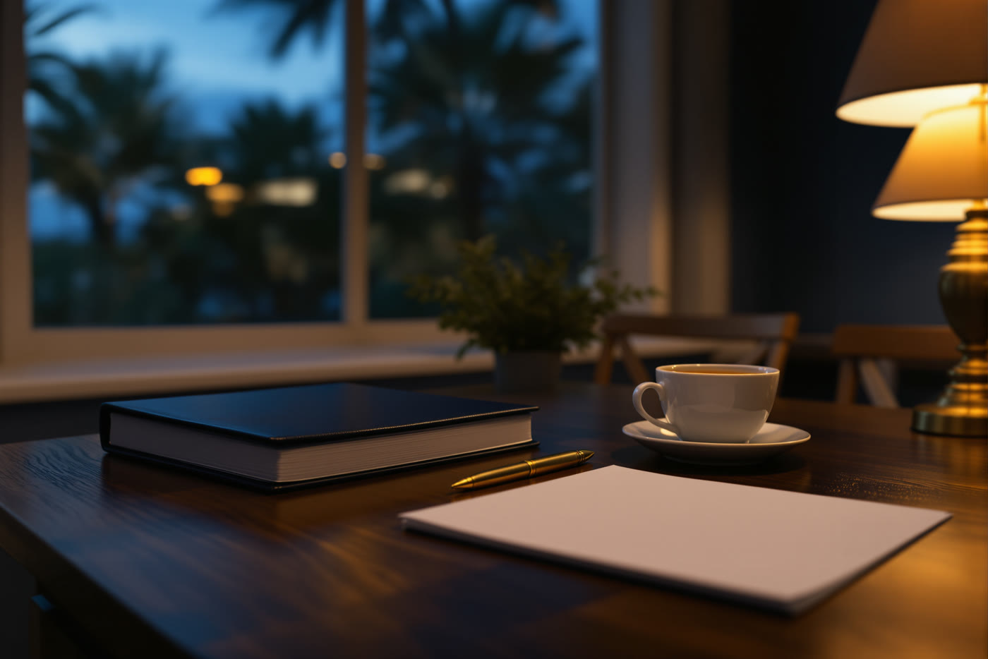 A calm dining table in the evening with a neat stack of papers, a navy folder and a cup of tea